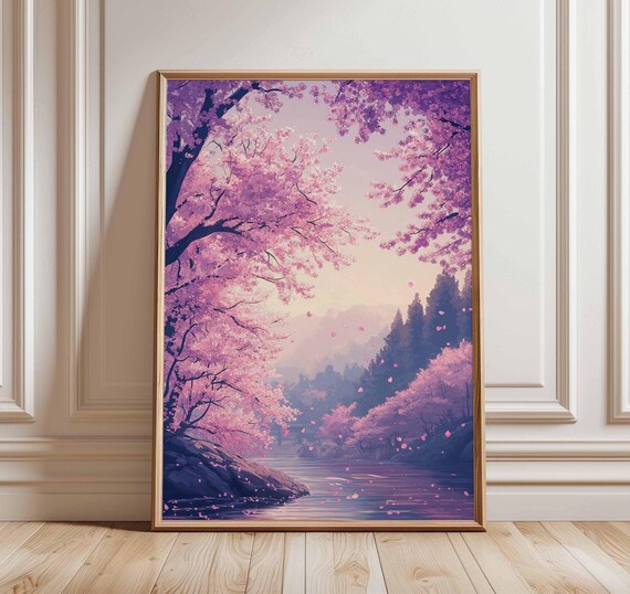 Pink Cherry Blossoms By A Tranquil River Spring Scene Poster