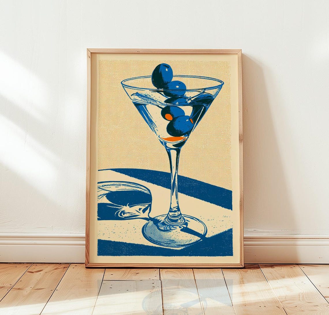 Martini Glass Wall Art Retro Cocktail Print Blue Olive Illustration