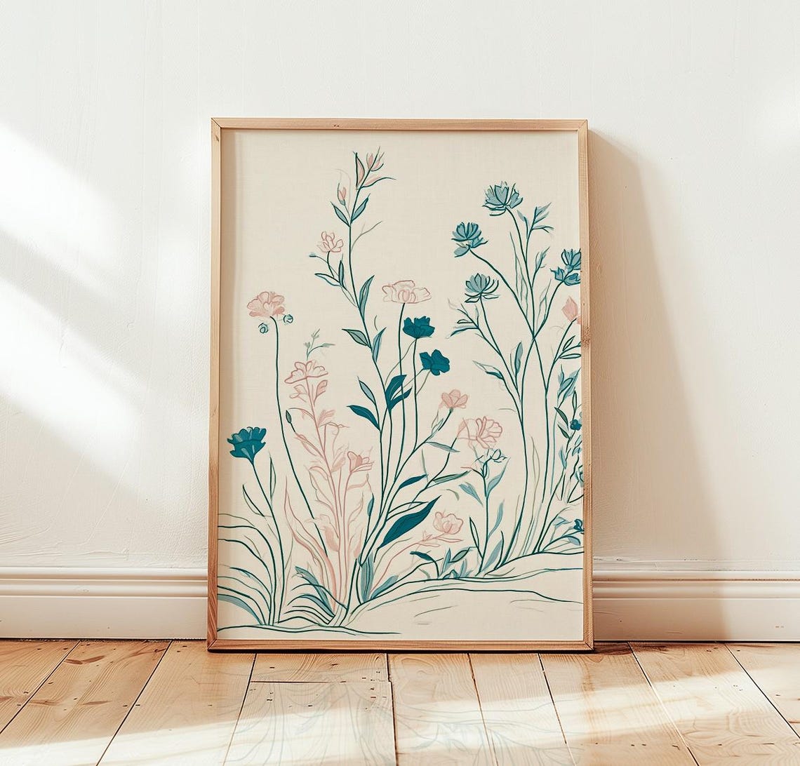 Botanical Line Drawing Print Minimalist Floral Wall Art Soft Pastel Home Decor