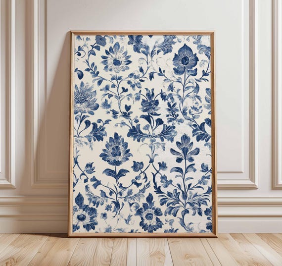 Blue Floral Poster Botanical Wall Art Vintage Flower Print Chinoiserie Artwork Classic Pattern Decor Elegant Nature Illustration