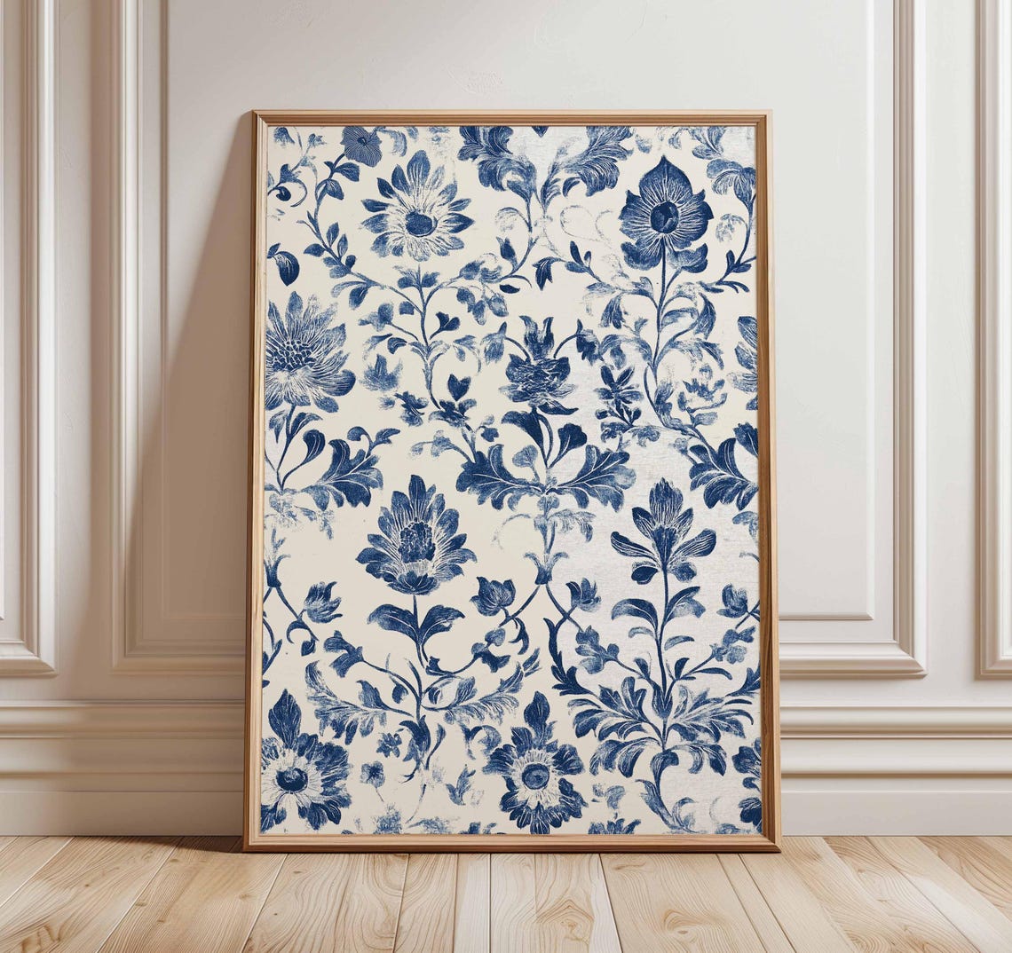 Blue And White Floral Botanical Pattern Chinoiserie Wall Art