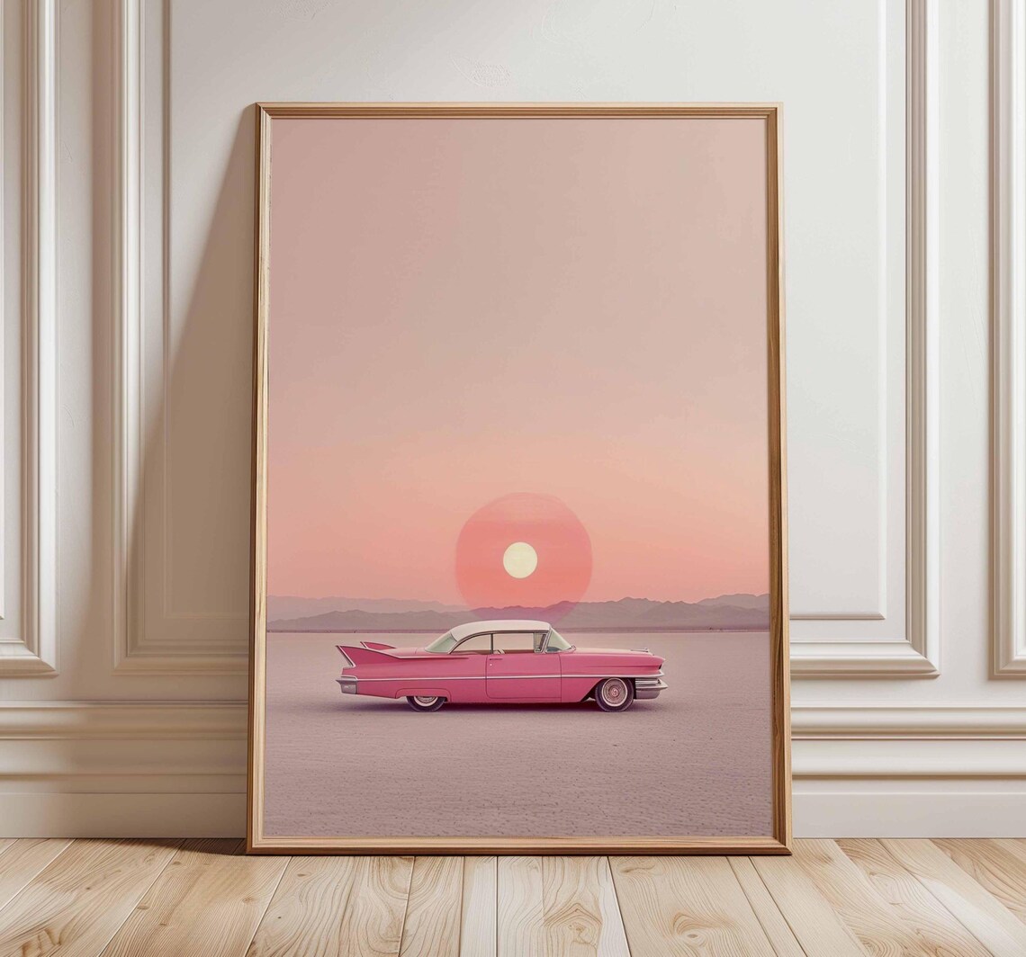 Pink Cadillac Poster, Vintage Auto Desert Sunset