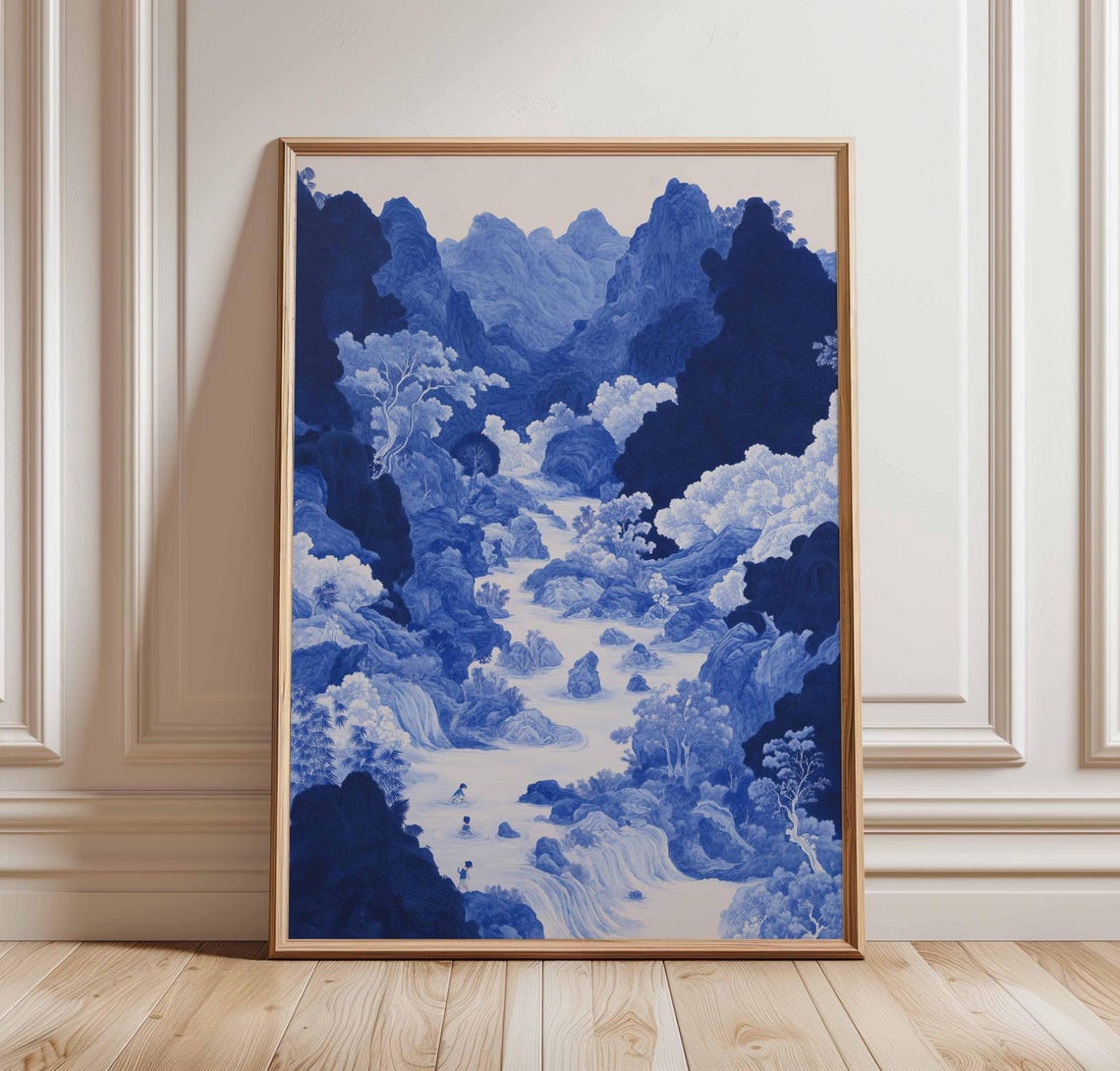 Blue Chinese Mountain River Waterfall Ink Wash Landscape Poster