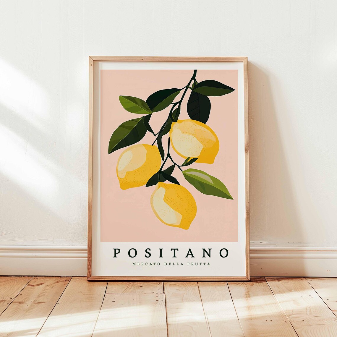 Positano Minimalist Lemon Branch Poster On Blush Pink Mercato Della Frutta