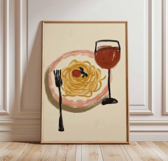 Pasta And Wine Wall Art Print Whimsical Italian Kitchen Poster Minimalist Spaghetti Red Illustration Quirky Foodie Decor
