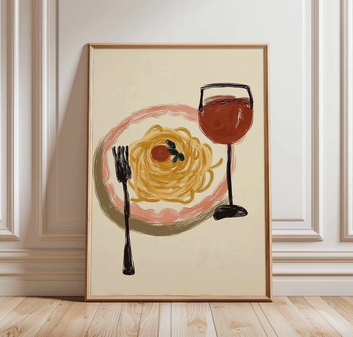 Spaghetti Plate Red Wine Glass Minimalist Italian Kitchen Poster