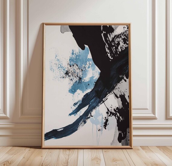 Abstract Black And Blue Art Poster Modern Ink Brush Painting Contemporary Wall Decor Bold Geometric Print