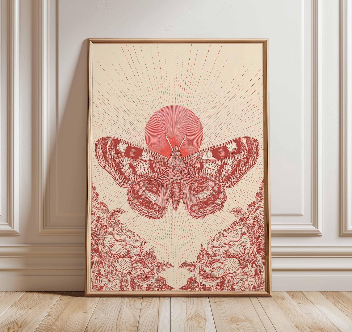 Red Moth Vintage Botanical Insect Art Print