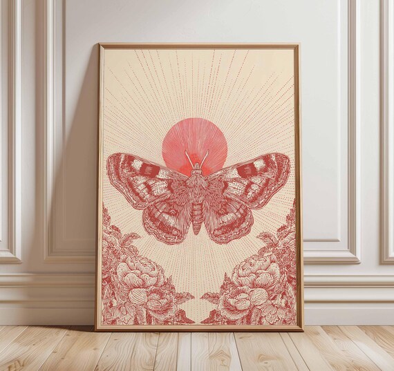 Red Moth Vintage Botanical Insect Art Print