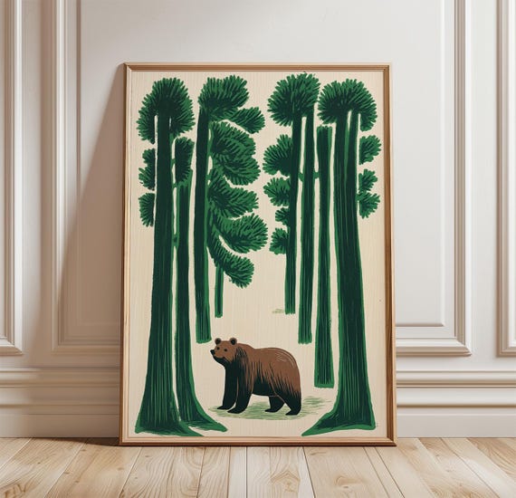 Bear Forest Poster Woodland Animal Wall Art Folk Nature Print