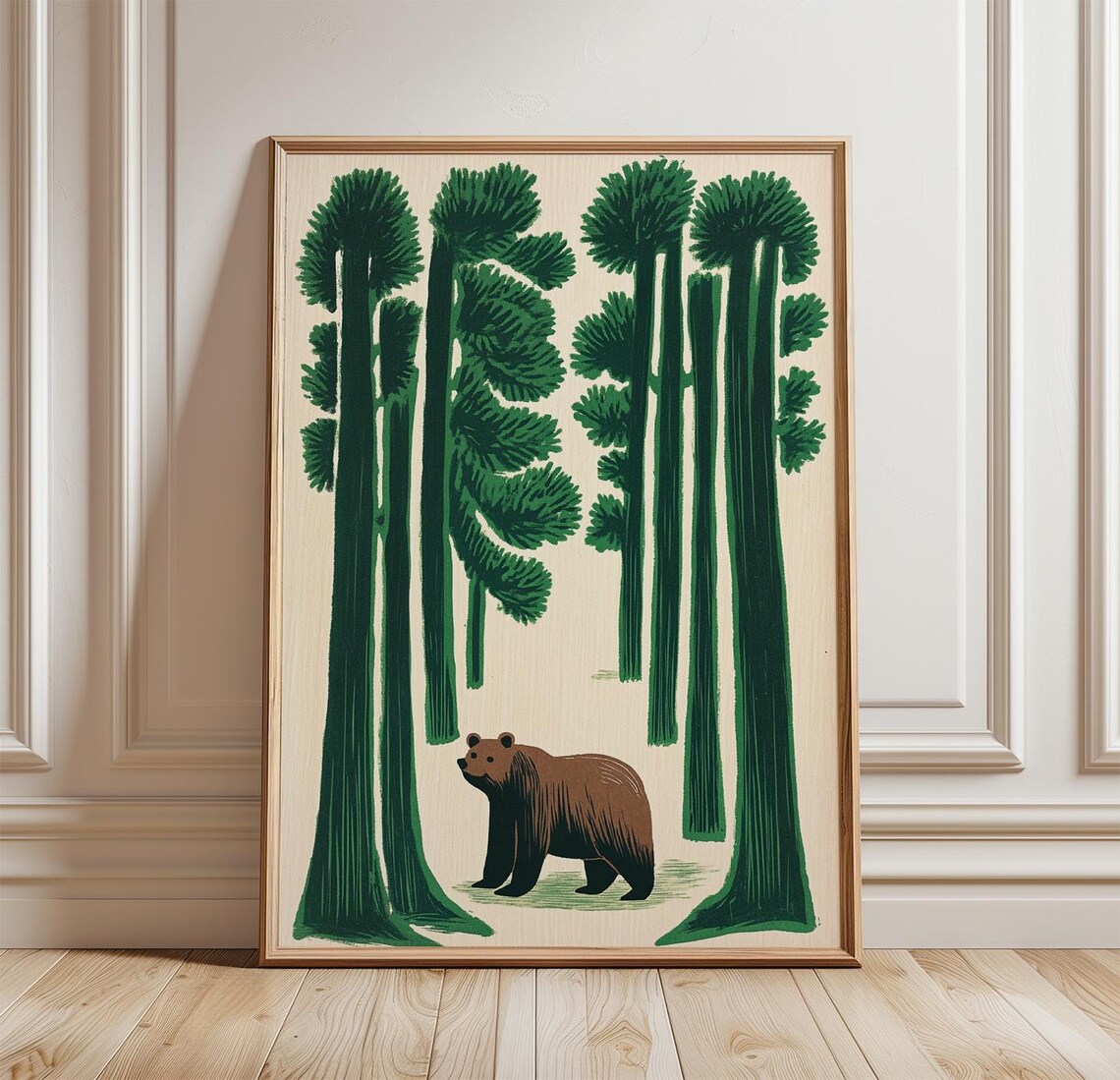 Brown Bear Forest Woodcut Woodland Animal Folk Nature Poster