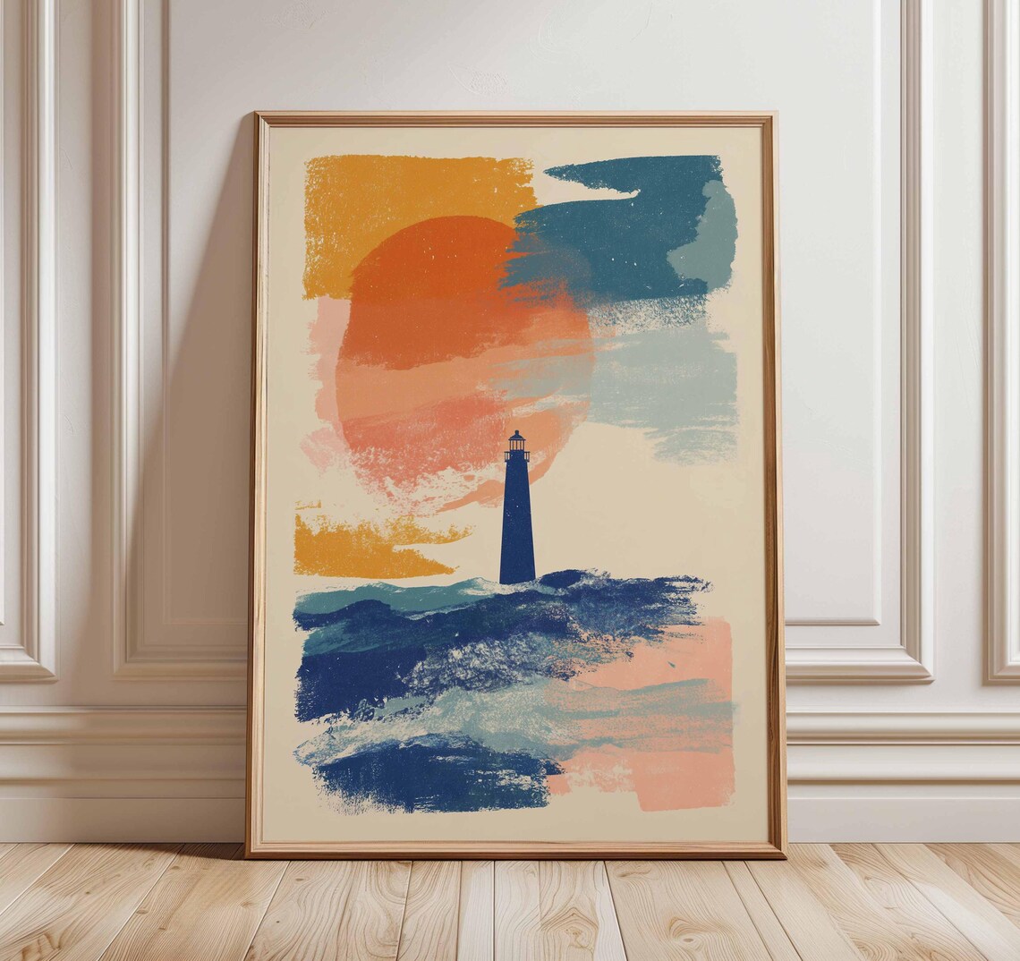 Lighthouse Poster, Nautical Abstract Ocean Waves