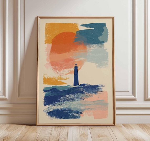 Lighthouse Poster, Nautical Abstract Ocean Waves