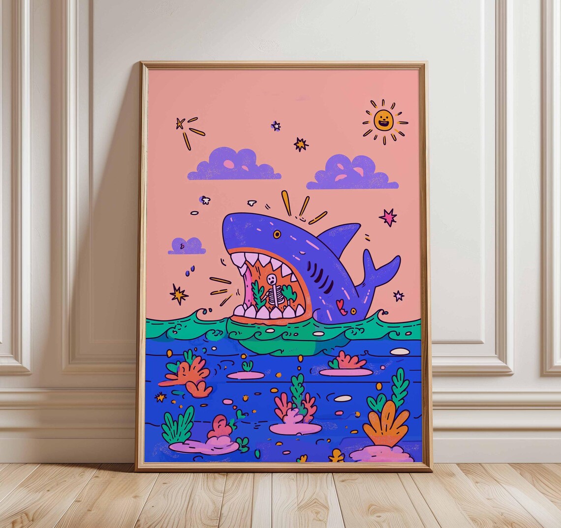 Cartoon Shark Poster, Fun Ocean Sea Life Art Print
