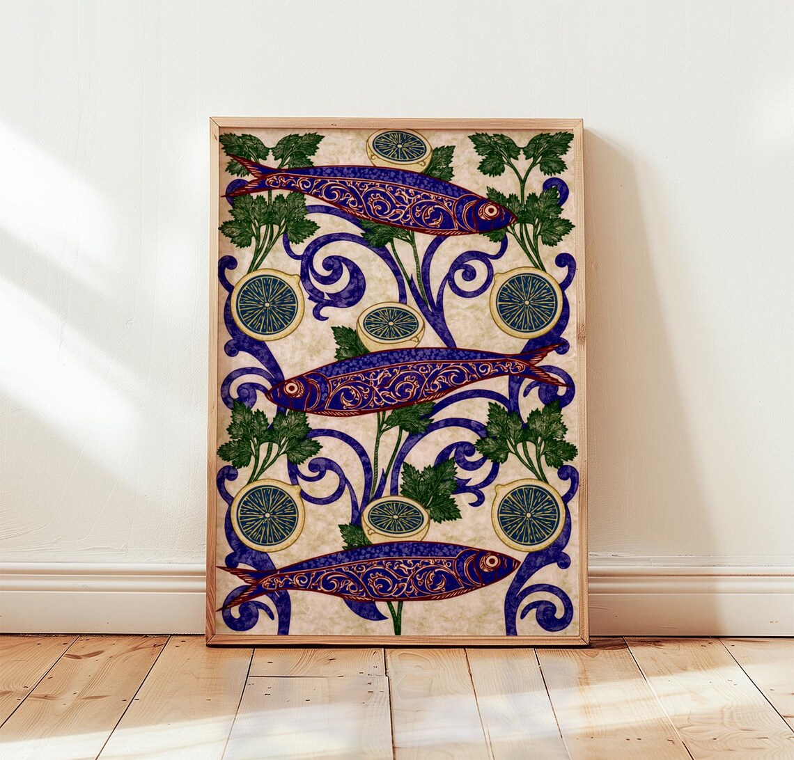 Blue Sardine Folk Art Print with Lemon and Parsley Motifs for the Kitchen