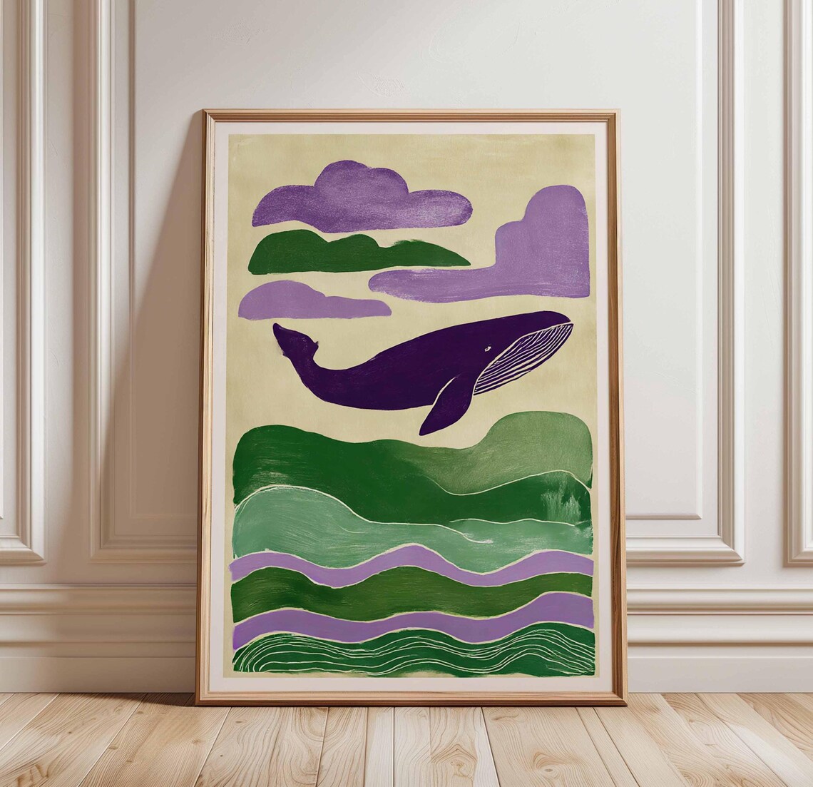 Purple Whale Abstract Ocean Print, Nautical Wall Art