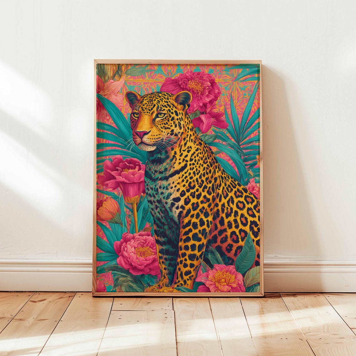 Vibrant Leopard Jungle Floral Tropical Wildlife Boho Art Poster