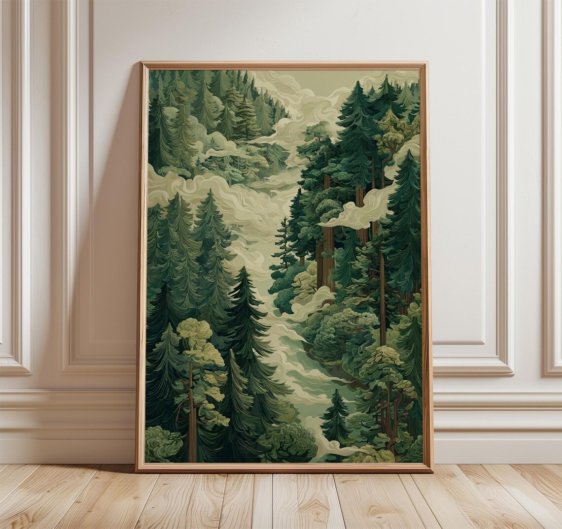Misty Pine Forest Foggy Evergreen Woodland Vintage Illustration Poster