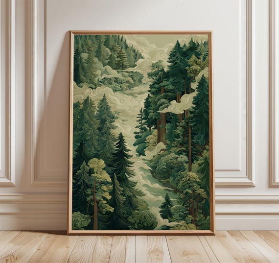 Forest Fog Poster Misty Pine Trees Wall Art Green Woodland Landscape Print