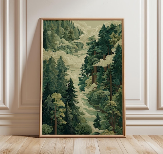 Misty Pine Forest Foggy Evergreen Woodland Vintage Illustration Poster