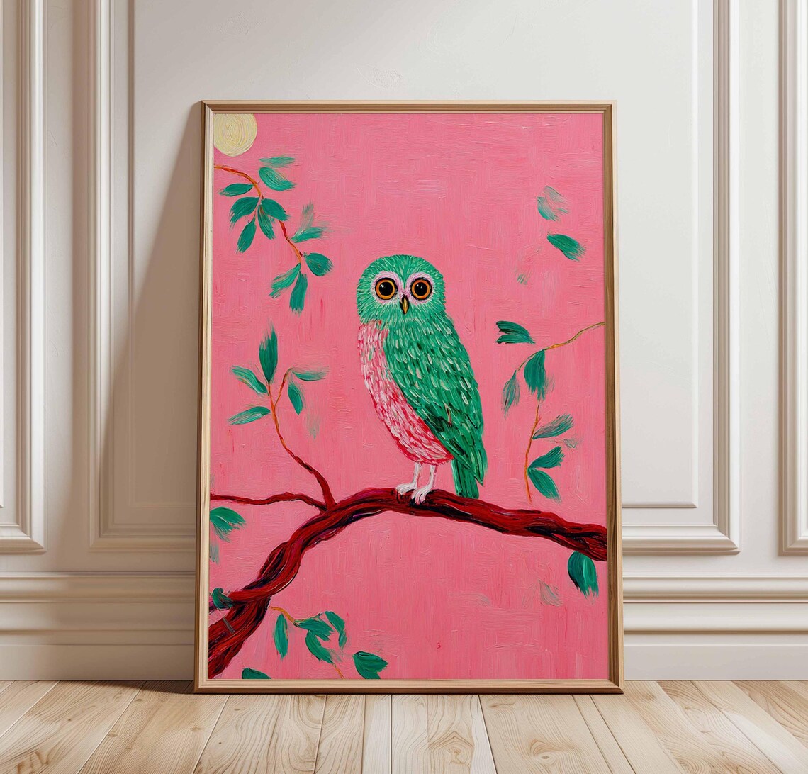 Green Owl With Pink Chest on Red Branch Moonlit Night Sky Poster