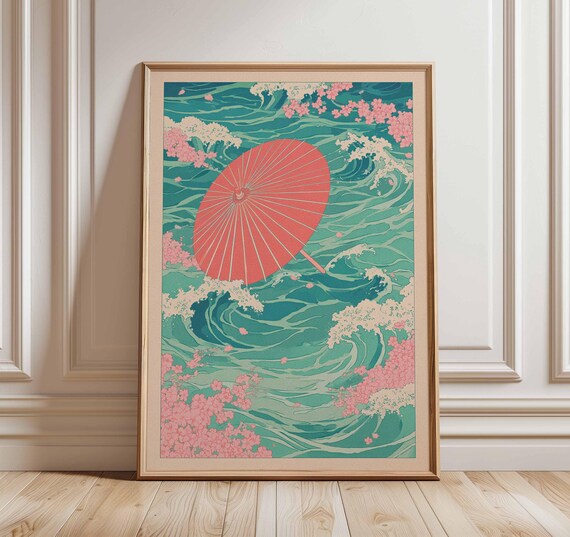 Japanese Red Parasol Over Ocean Waves and Cherry Blossoms Poster