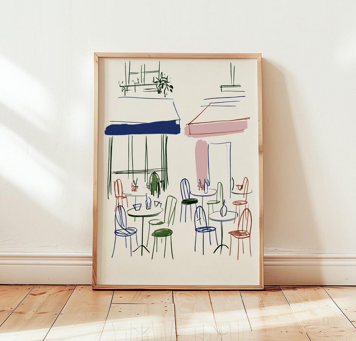 Parisian Cafe Terrace Sketch Poster Minimalist Bistro Line Art Decor
