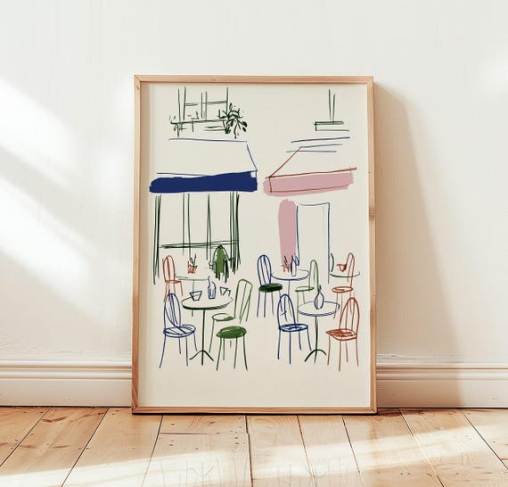 French Cafe Sketch Print Parisian Bistro Wall Art Minimalist Line Drawing Poster