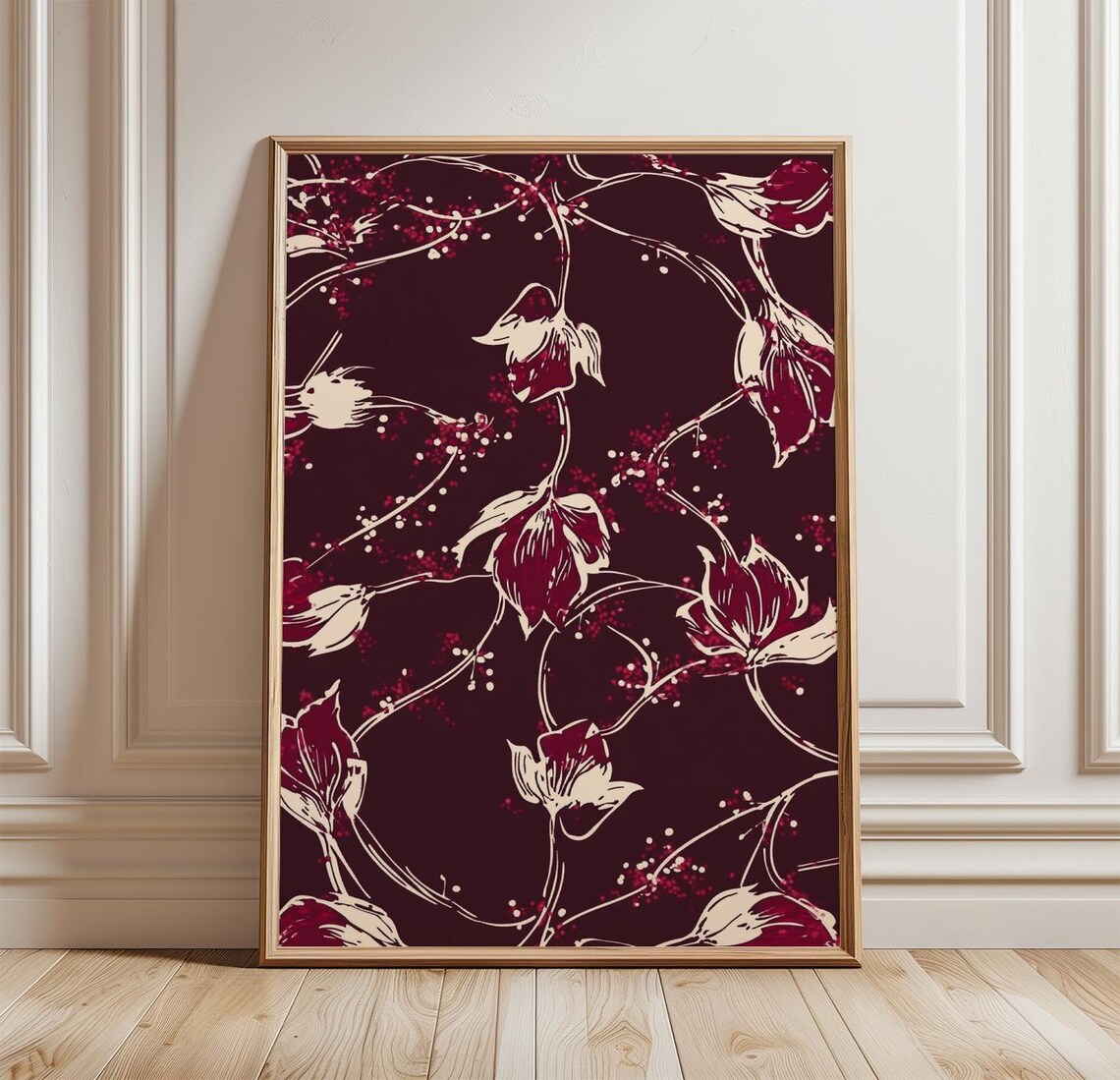Burgundy Floral Vintage Botanical Pattern Wine Magnolia Illustration Poster
