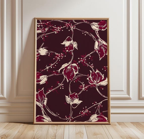 Burgundy Floral Poster Vintage Botanical Pattern Wall Art Print Elegant Red Flower Design Dark Romantic Decor Classic Ornamental Artwork