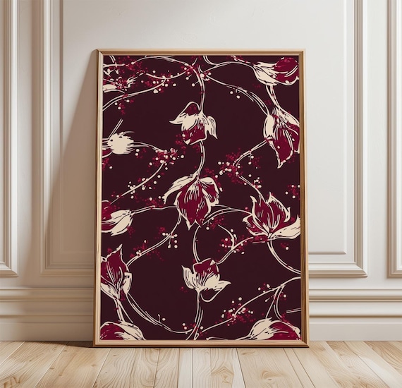 Burgundy Floral Vintage Botanical Pattern Wine Magnolia Illustration Poster