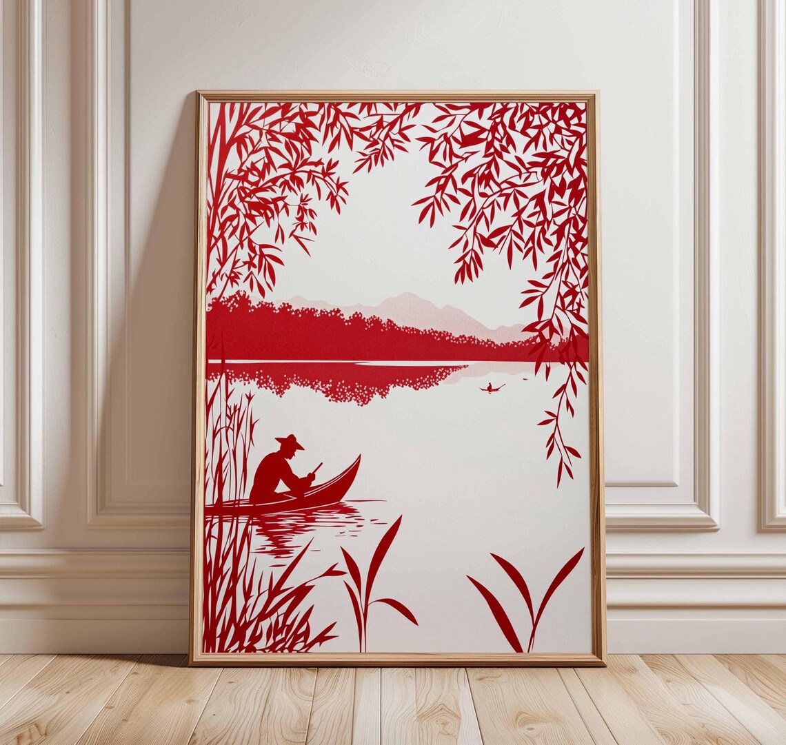 Red Silhouette Fisherman Canoe Lake Japanese Minimal Art Poster