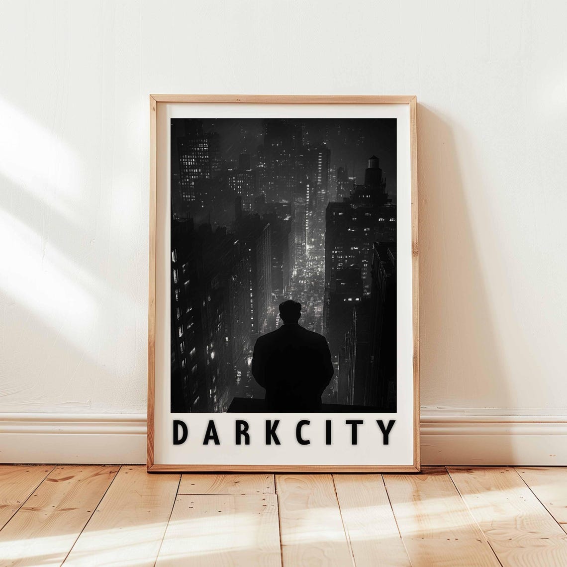 Dark City Lone Man Silhouette on Rooftop Night Cityscape Poster