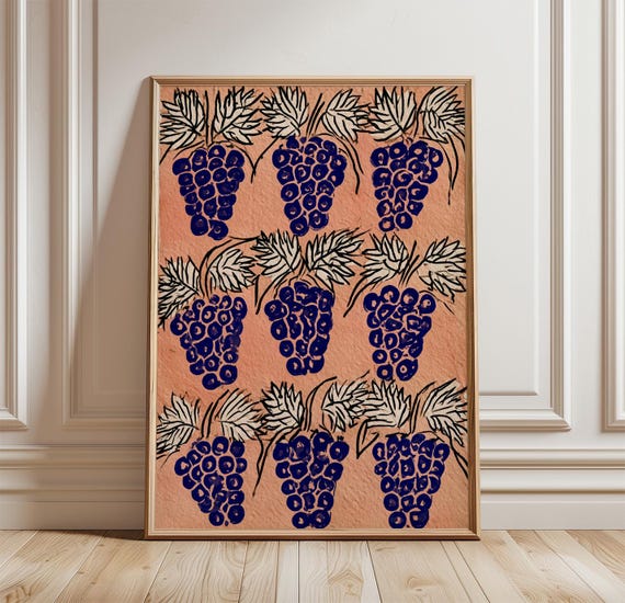 Grape Pattern Poster, Vineyard Kitchen Art Print