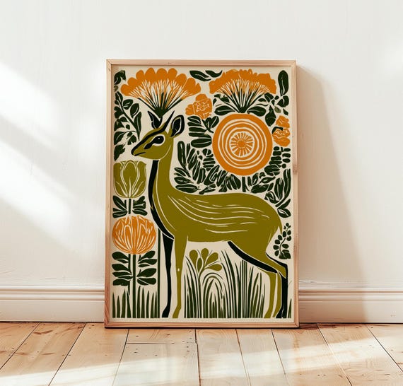 Gazelle Botanical Poster Folk Art Animal Print Nature Wall
