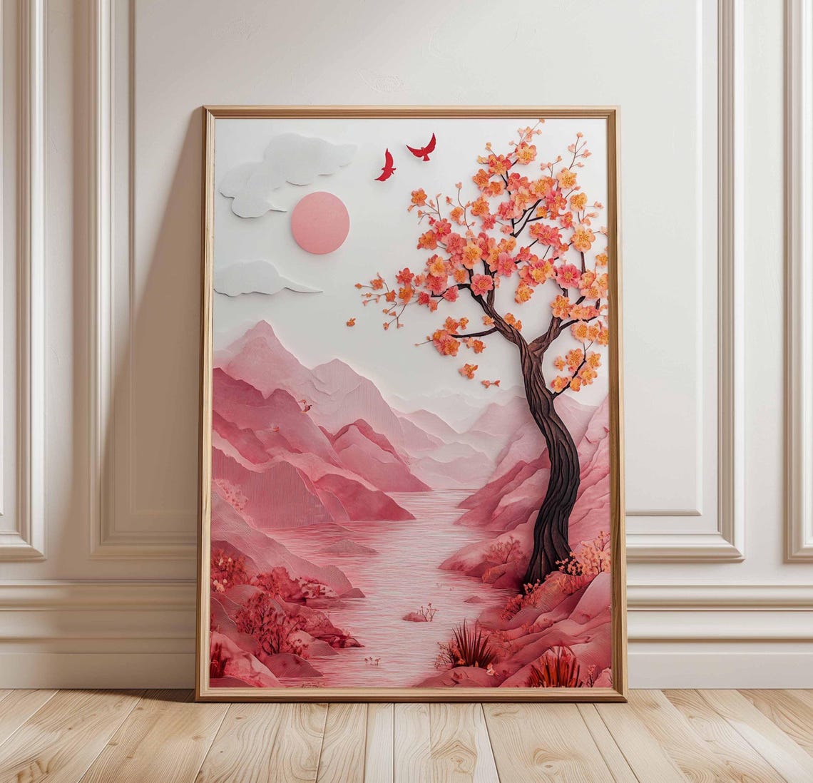Pink Cherry Blossom Mountain Japan Paper Cut Floral Art Poster