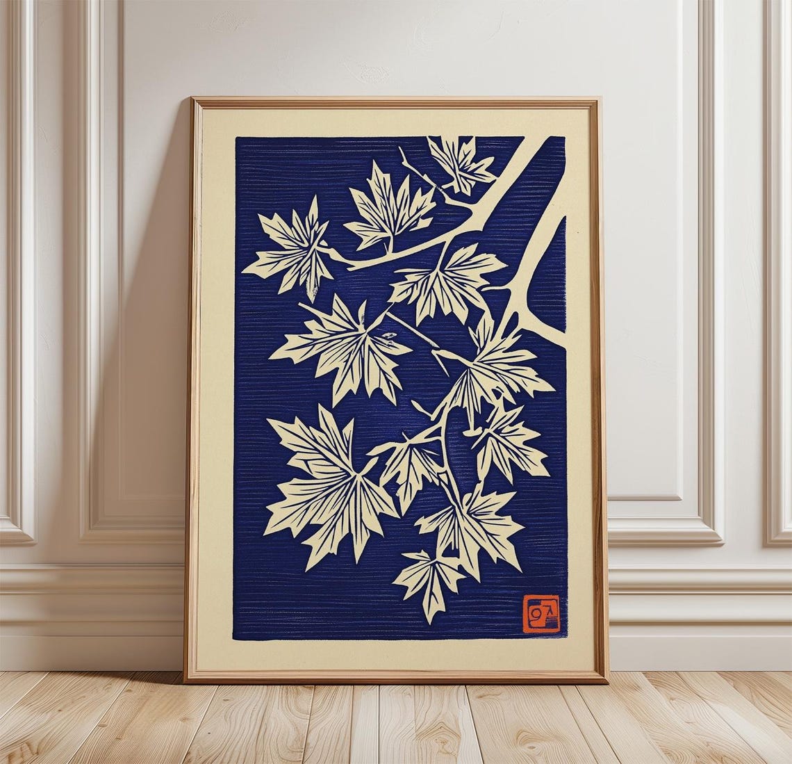 Japanese Maple Leaf Woodblock Style Blue Cream Botanical Poster