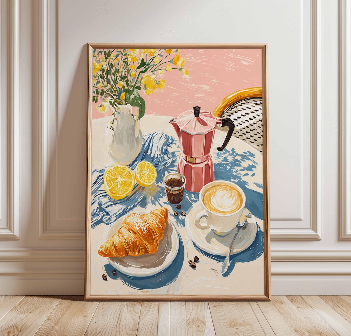 French Cafe Breakfast Art Print, Vintage Kitchen Decor