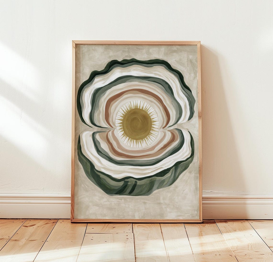 Abstract Oyster Shell Poster Sage Green Coastal Sun Decor Art
