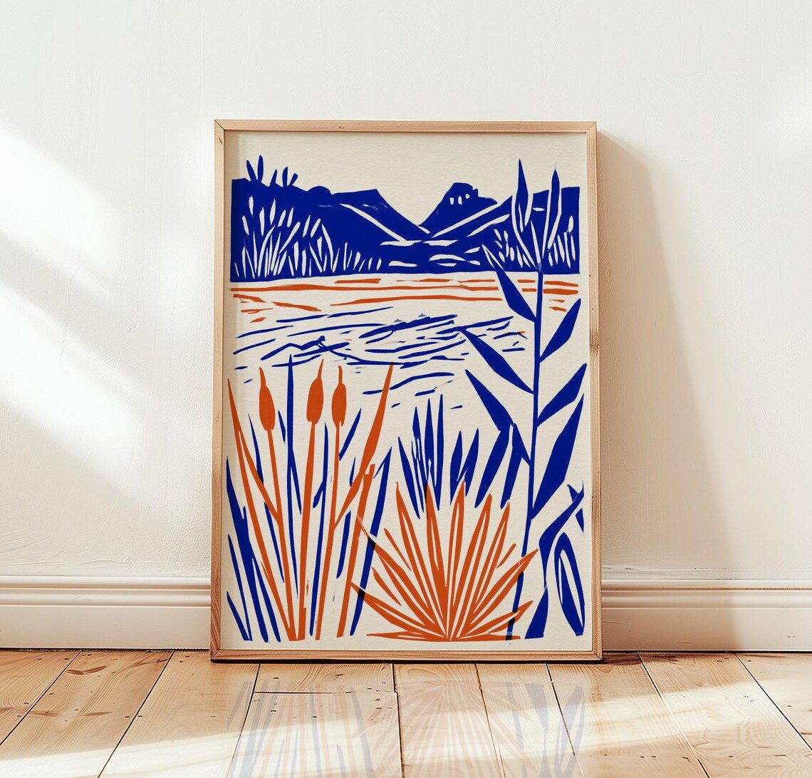 Lake Landscape Art Print, Linocut River Scenery