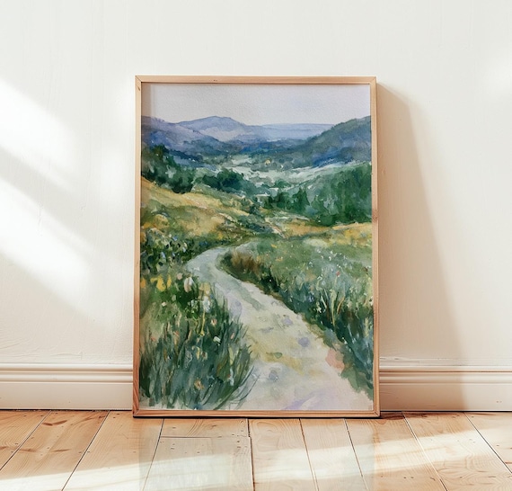 Countryside Pathway Watercolor Poster Winding Trail Green Hills Art