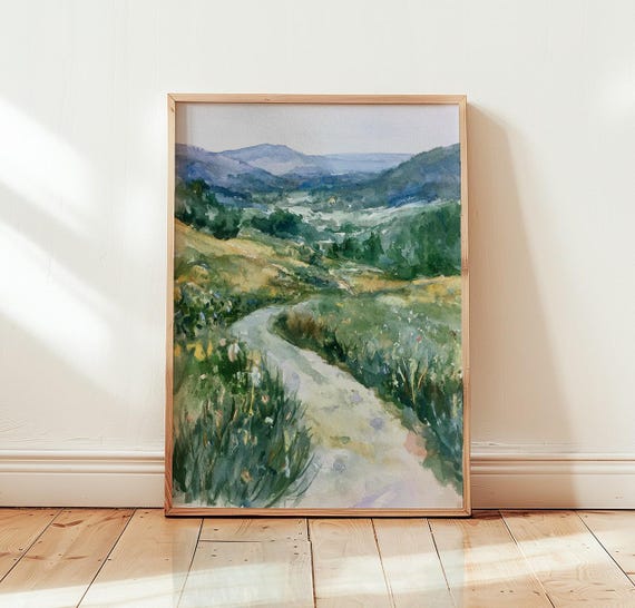 Watercolor Valley Landscape Print Countryside Pathway Wall Art Mountain Scenery Poster