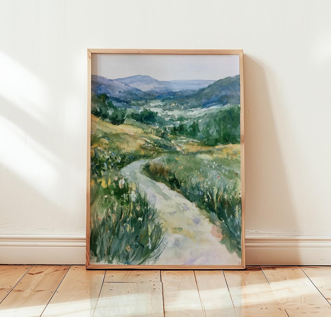 Countryside Pathway Watercolor Poster Winding Trail Green Hills Art