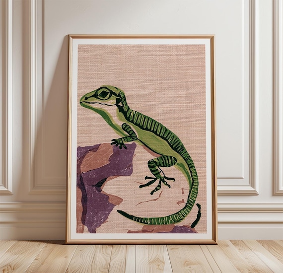 Green Anole Lizard, Linocut Wildlife Art Print