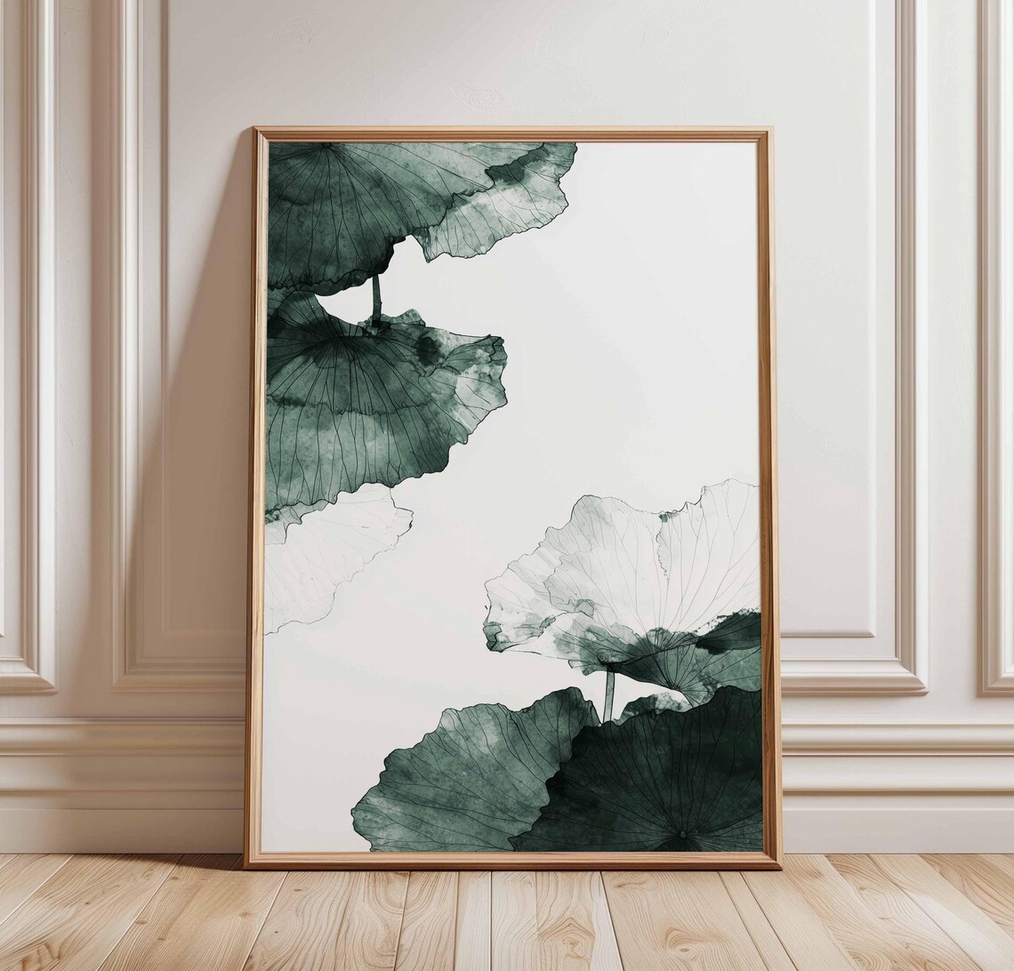 Green Botanical Water Lily Leaves Minimalist Nature Art Print