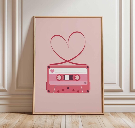 Cassette Tape Poster Pink Wall Art Print Retro Music Room Decor Heart Pop 80s 90s Girl Love Song