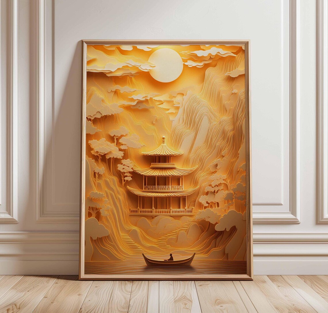 Golden Paper Cut Pagoda Lake Boat Moonlit Mountain Art Poster