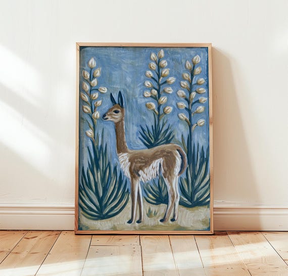 Blue Vicua Print Botanical Wildlife Wall Art Woodblock Poster