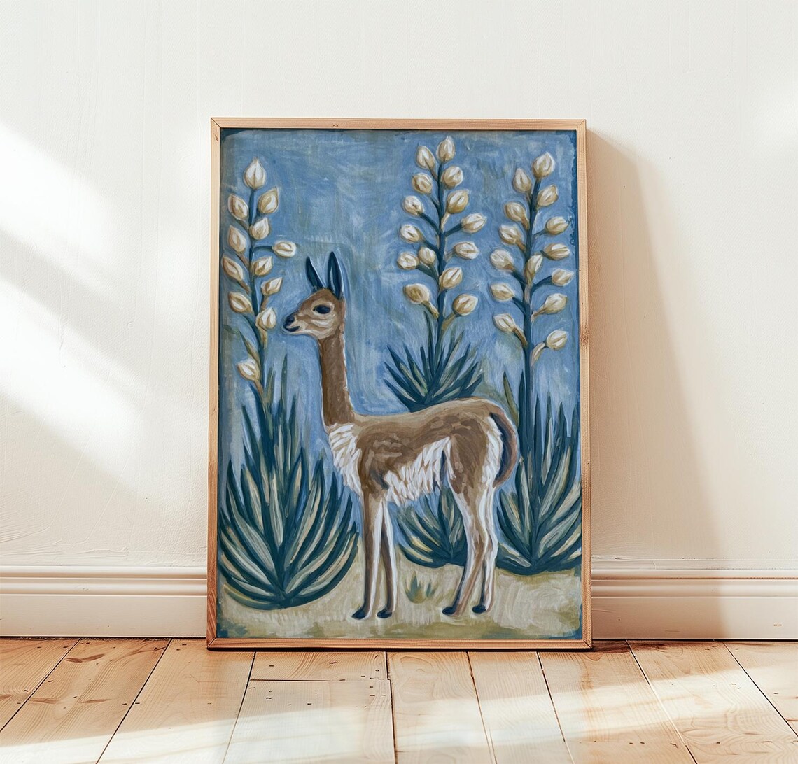 Vicuna Standing Among Agave Blue Folk Style Animal Art Poster