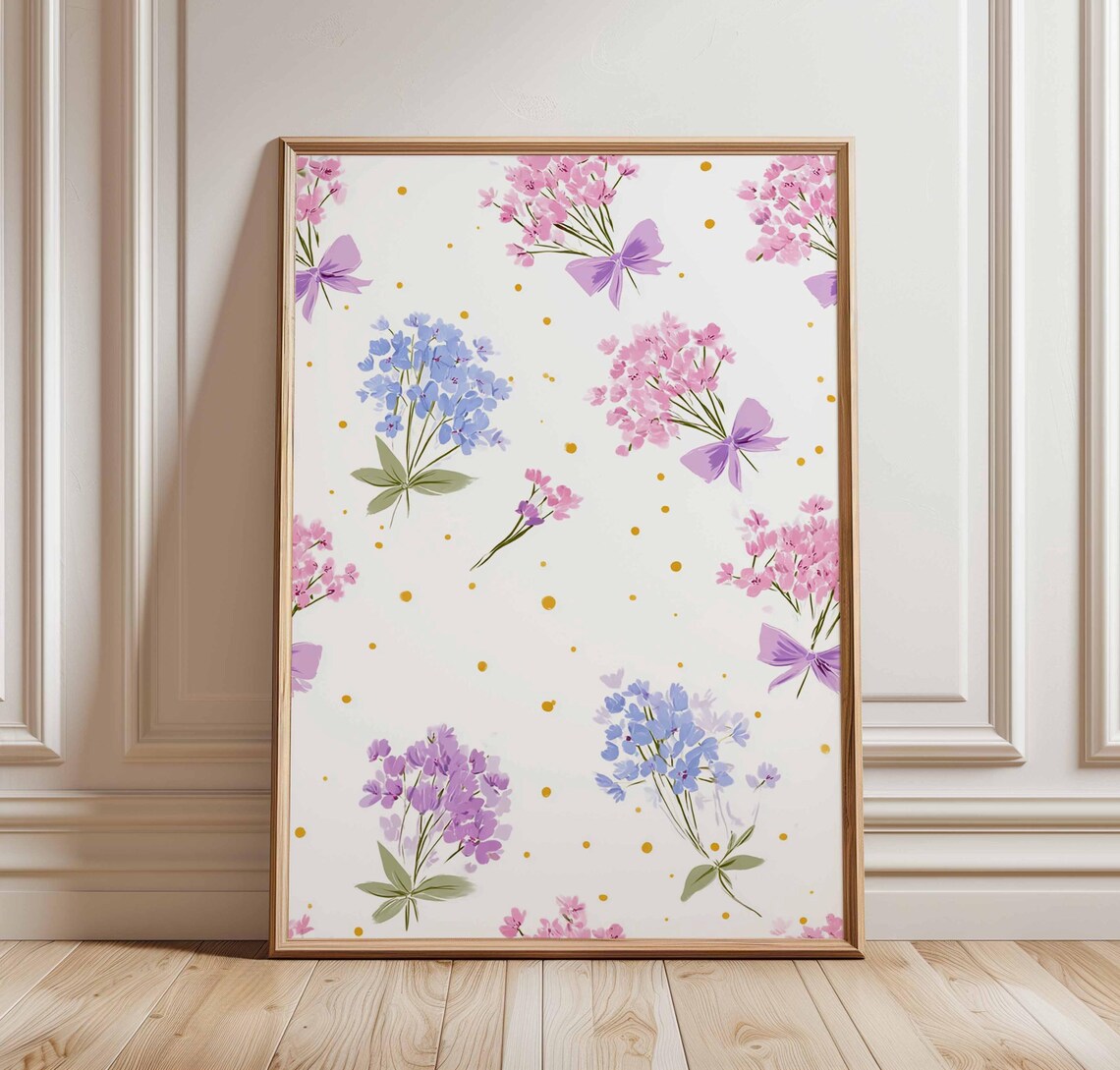 Pastel Flower Bouquets With Purple Bows Botanical Nursery Wall Art